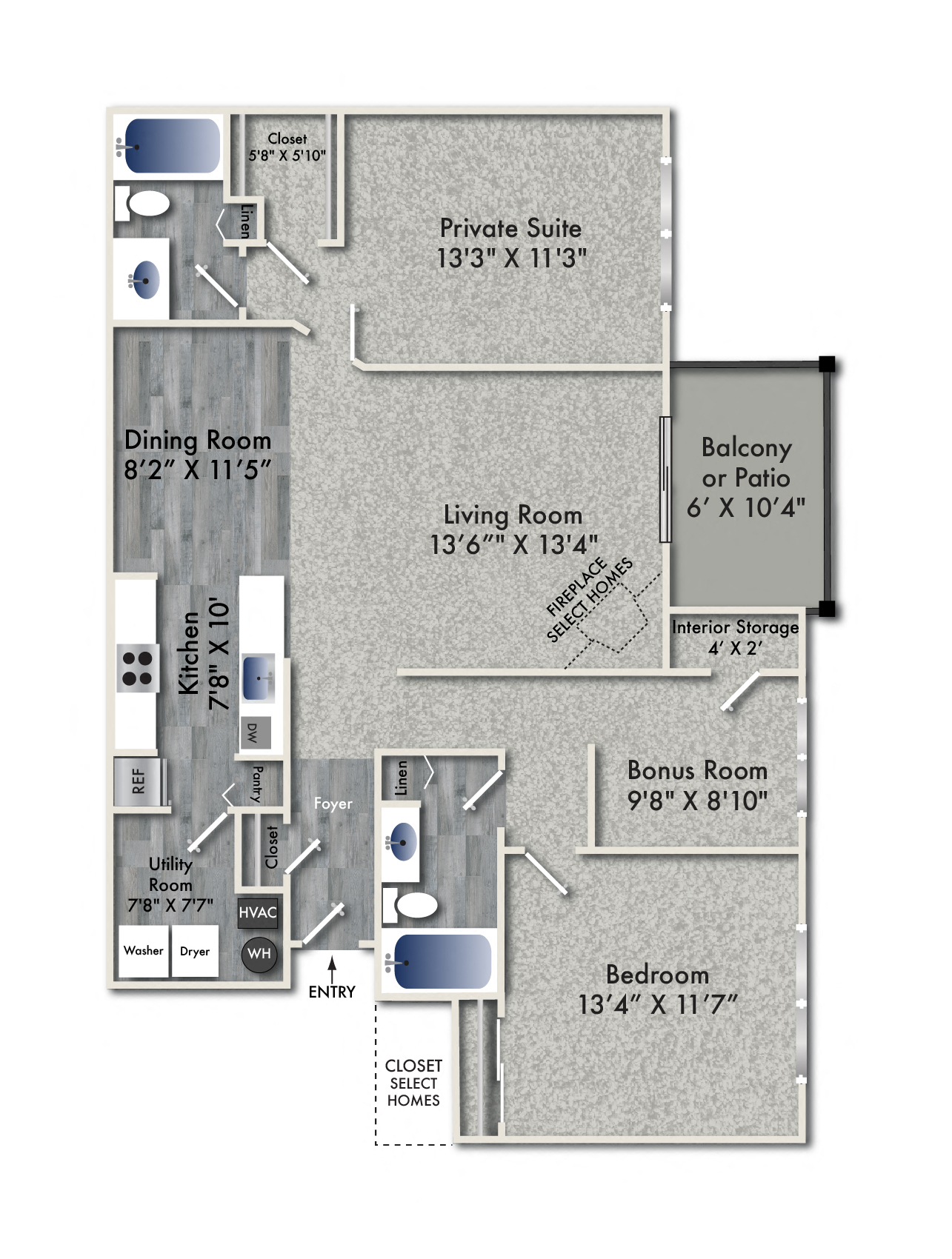 Floor plan for 2 beds, 2 baths, 1249 sqft